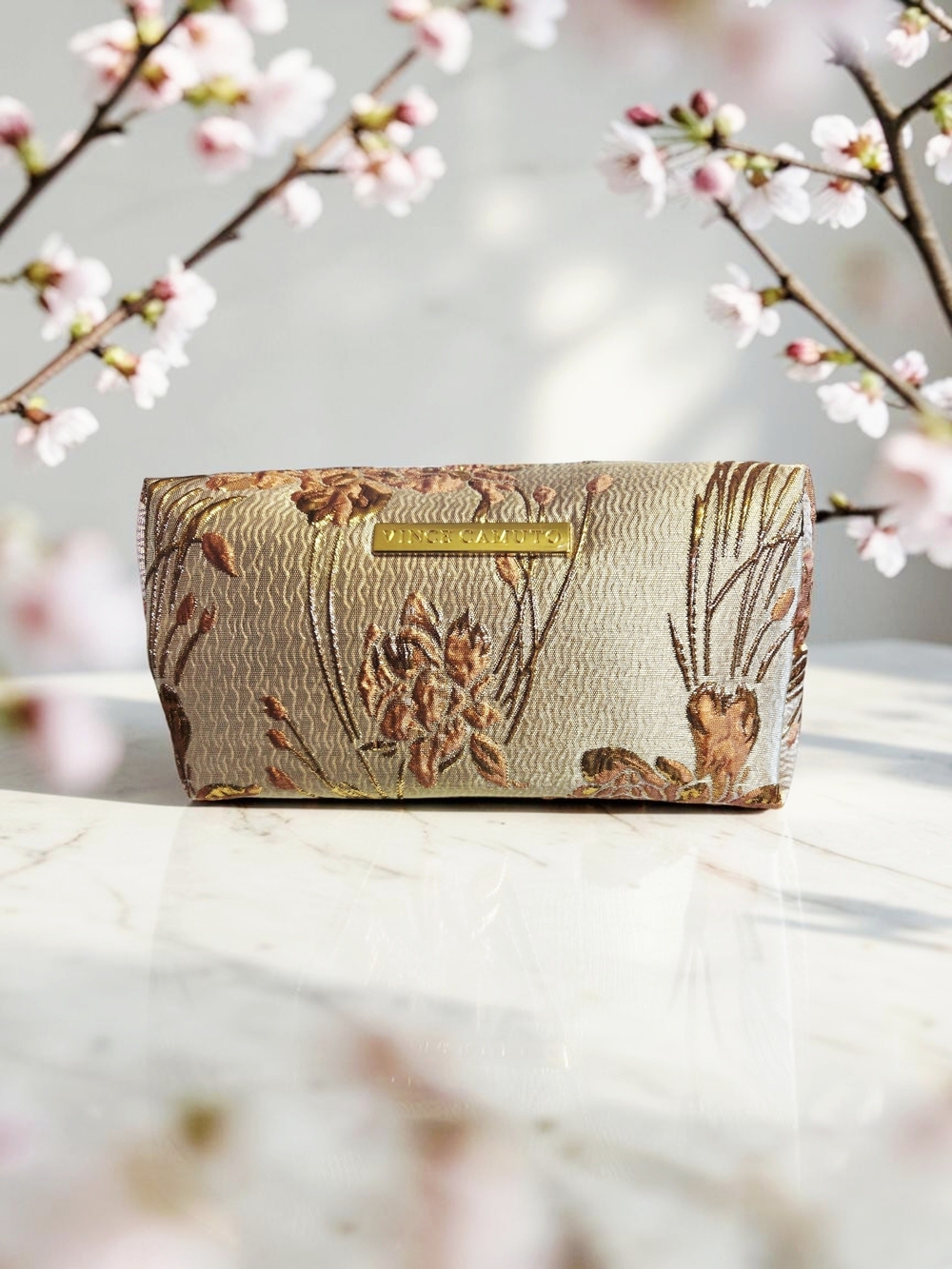 NEW Vince Camuto Lite Pink Floral Embroidered Pouch Cosmetic Bag 8"x4.5x4.5 NWT
